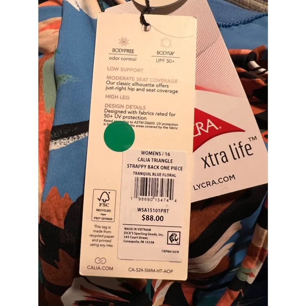 🆕 CALIA Tranquil Floral Blue Triangle Strappy Back One Piece Swimsuit Size 16